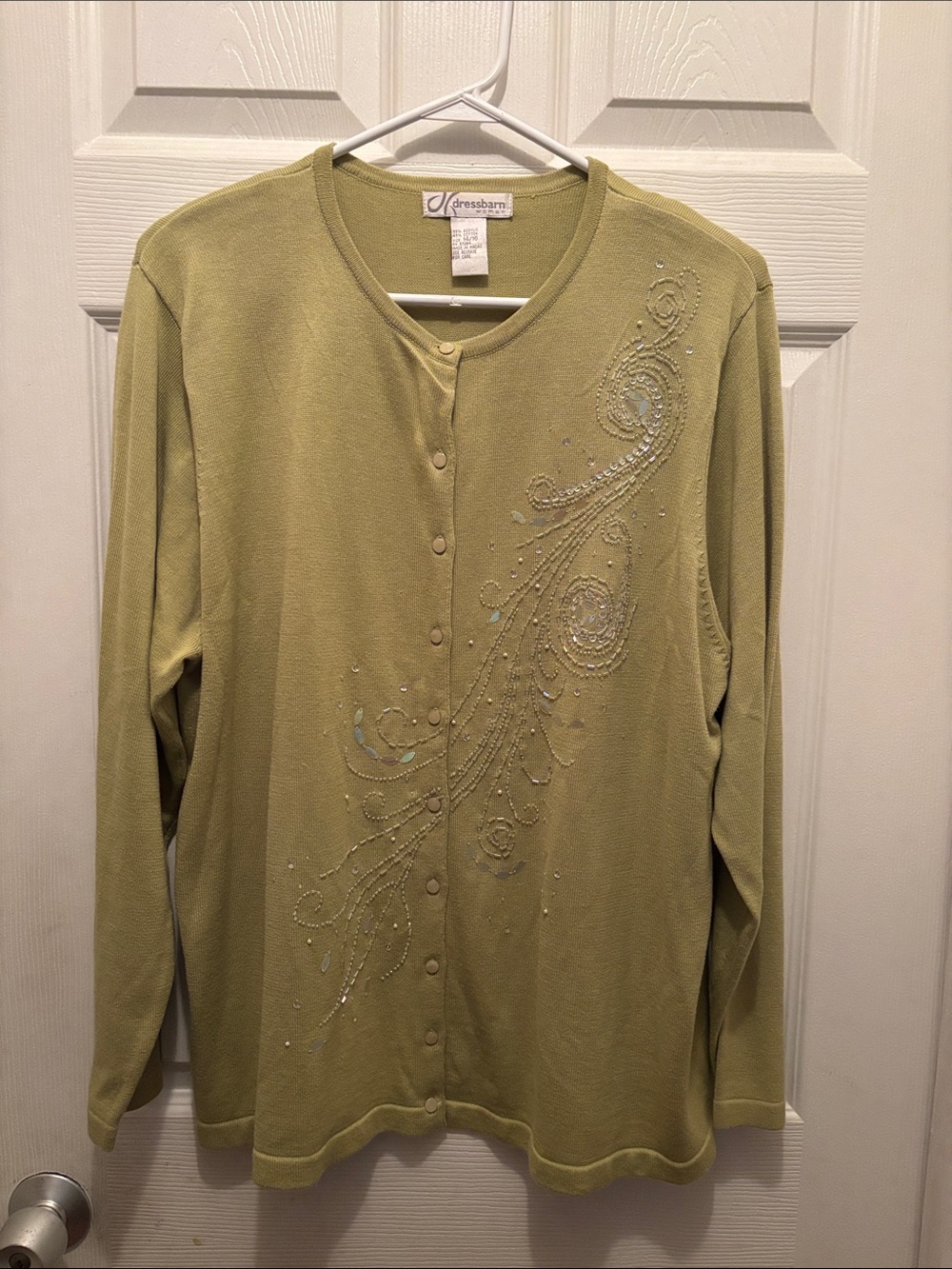 dressbarn Olive Green Beaded Button Cardigan